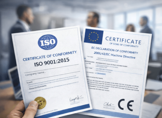 Bir el iki sertifika tutuyor: biri ISO 9001:2015 uygunluğu ve diğeri EC Makine Direktifi uygunluğu için, arka planda bulanık insanlar ve bir masanın olduğu bir ofis ortamında.