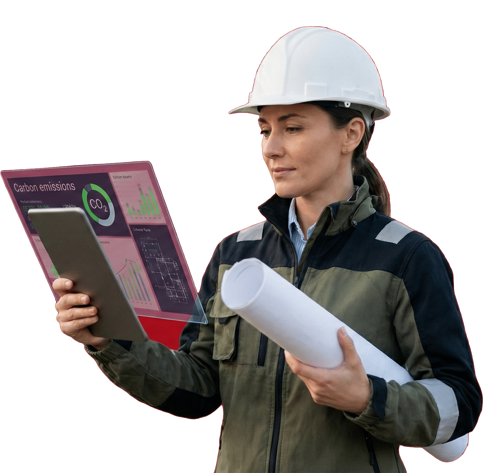 Baret ve iş ceketi giyen bir kadın elinde planlar tutuyor ve karbon emisyonlarıyla ilgili dijital çizelge ve grafikler gösteren bir tablet kullanıyor.
